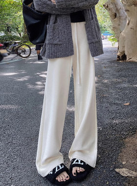 韩舞团白色阔腿裤女秋冬加绒糯米裤高级感桑蚕丝垂感直筒裤羊毛呢