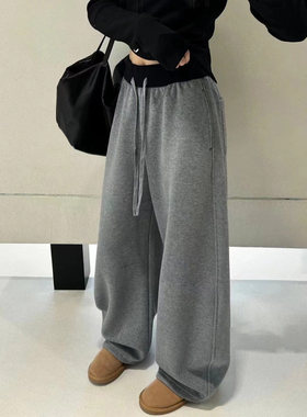 韩舞团灰色卫裤女冬季加绒拼接抽绳阔腿裤高腰宽松休闲弯刀运动裤