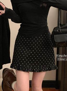 灰色波点半身裙高腰显瘦松紧腰包臀鱼尾裙木耳边减龄短裙女春秋