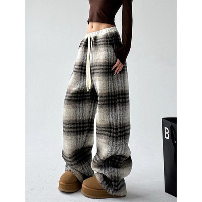 韩舞团毛呢格子裤女加绒加厚秋冬高腰垂感直筒休闲阔腿裤慵懒拖地