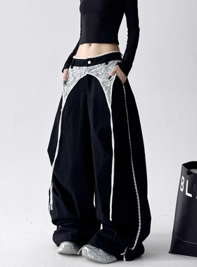 韩舞团黑色爆款工装裤女2026春秋季新款蕾丝阔腿裤跳舞爵士舞休闲