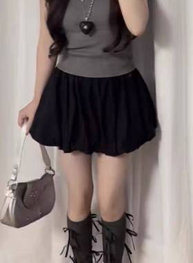 灰色针织正肩短袖T恤上衣女秋季高腰显瘦花苞百搭半身裙两件套装