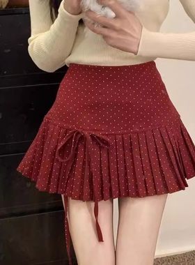 红色波点辣妹百褶裙女辣妹高腰显瘦蝴蝶结系带半身裙防走光A字裙