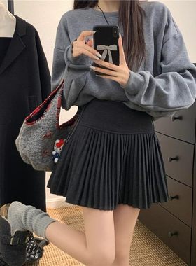 深灰色辣妹风休闲毛呢半身裙女秋季百搭气质高腰显瘦防走光百褶裙
