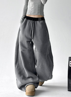韩舞团灰色加绒卫裤女冬季新款高腰抽绳休闲运动裤宽松阔腿弯刀裤