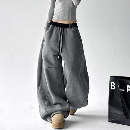 韩舞团灰色加绒卫裤女冬季新款高腰抽绳休闲运动裤宽松阔腿弯刀裤