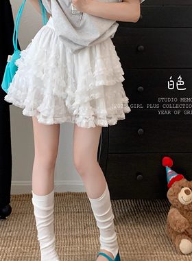 白色蕾丝网纱短裙女夏季新款高腰显瘦A字蛋糕裙芭蕾风蓬蓬半身裙