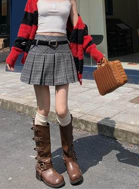 学院风格纹灰色半身裙百褶裙女冬季复古高腰毛呢防走光A字裙短裙