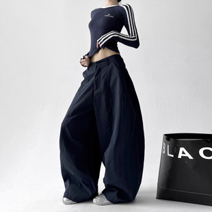 辣妹街头阔腿高腰宽松弯刀休闲运动 女2026年秋季 韩舞团藏青工装 裤