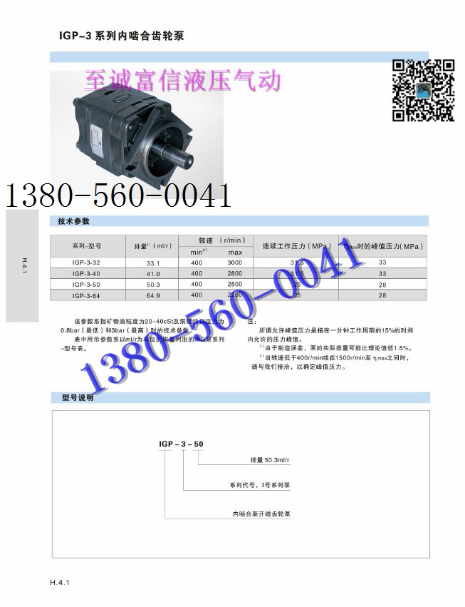 HOYEA华液 1GP-3-50内啮合齿轮泵 1GP-3-64