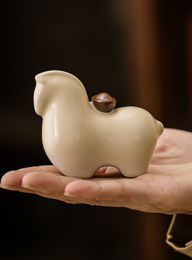 汝窑陶瓷马上有钱茶宠摆件中式招财唐马茶具茶盘精品家居装饰配件