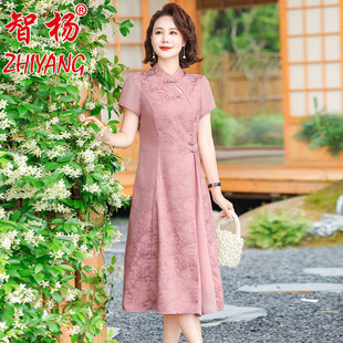 夏季新中式风改良旗袍连衣裙女士新款气质夏装立领显瘦中年妈妈裙