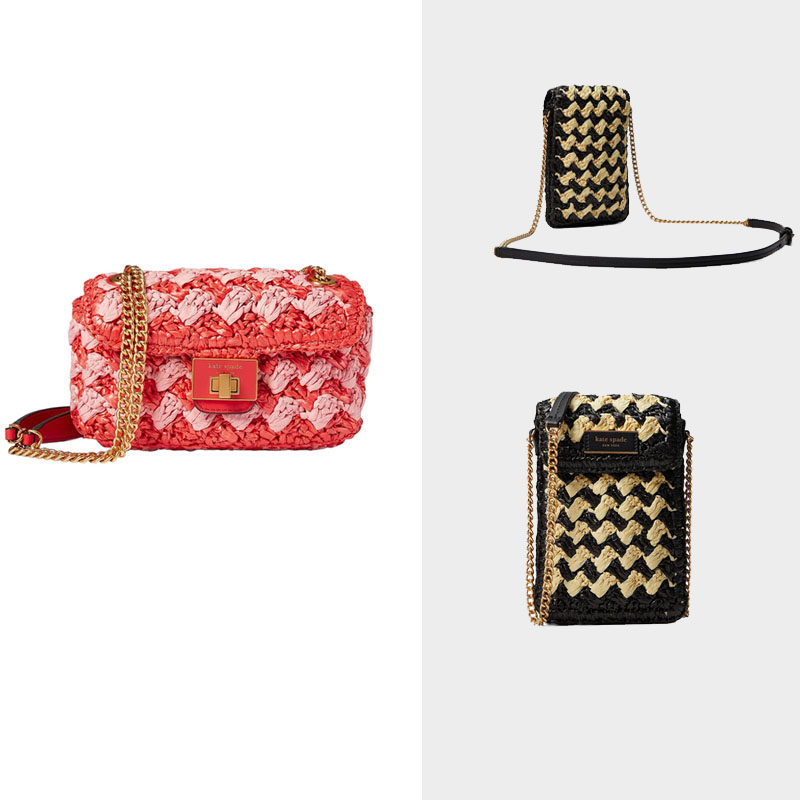 kate spade 23夏日限定拼色拉菲草条纹编织拼皮旋锁链条包手机包