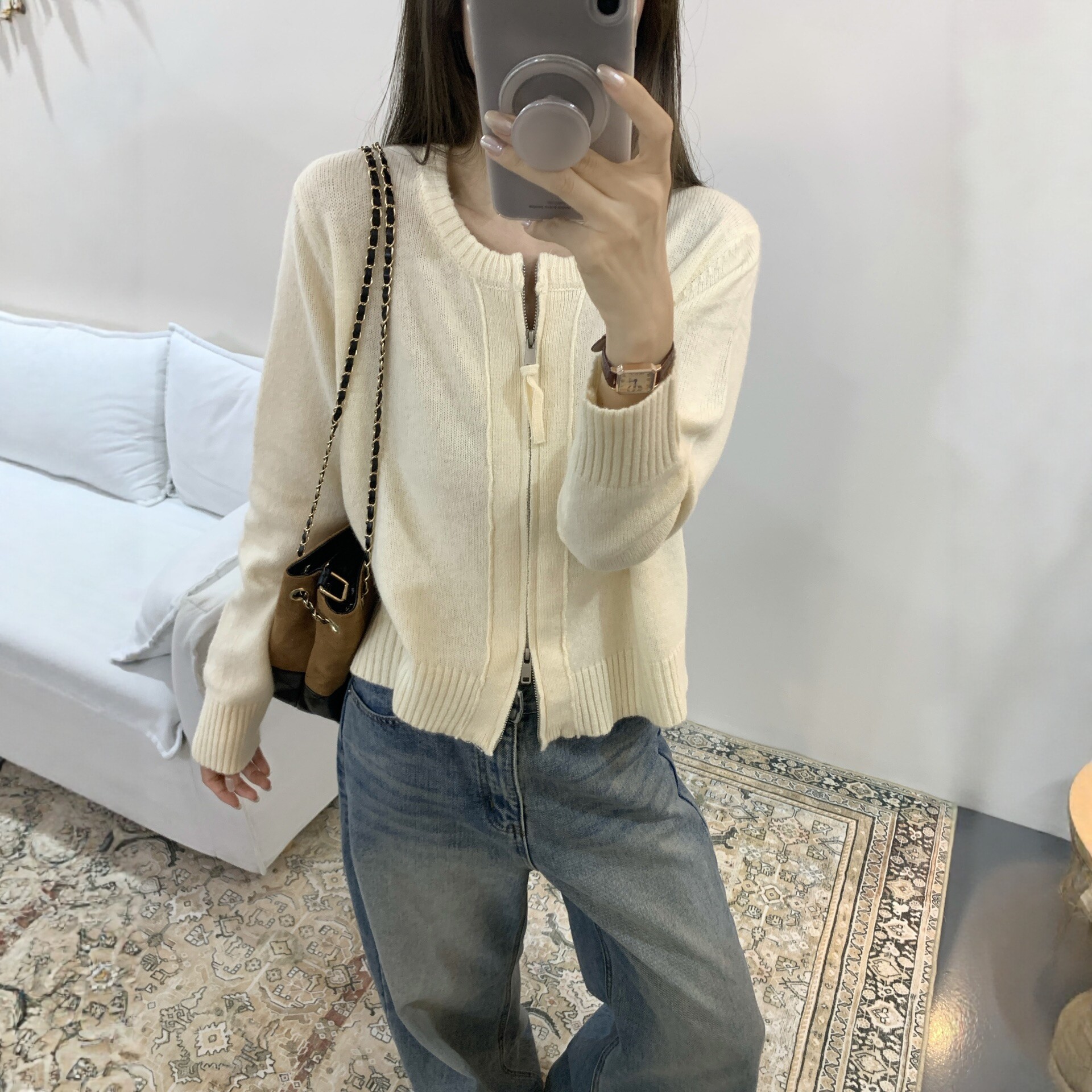 简约圆领拉链针织开衫女百搭毛衣外套针织衫秋装长袖秋冬新款女潮