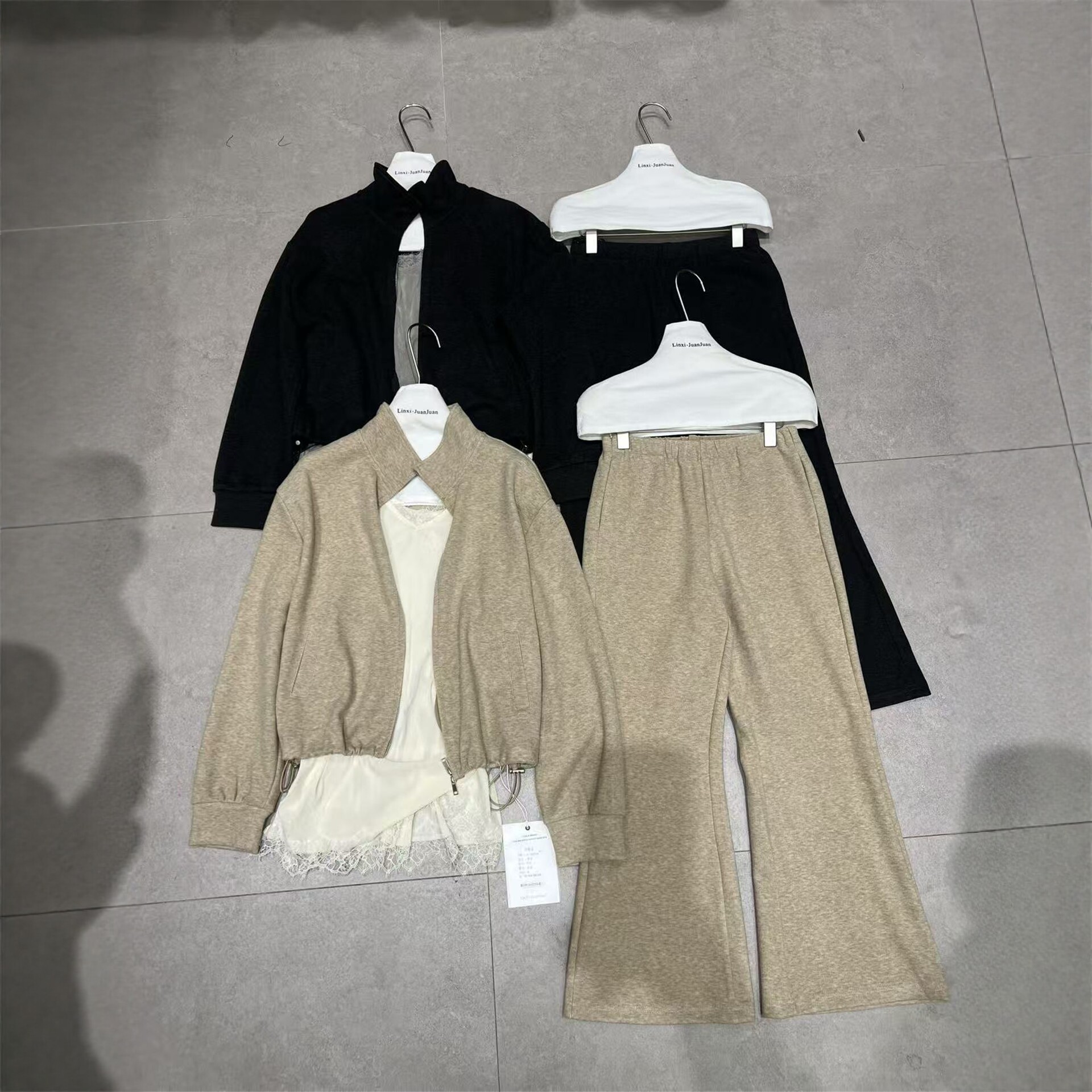 Linxijuanjuan三件套套装立领拉链开衫外套蕾丝边背心微喇九分裤c