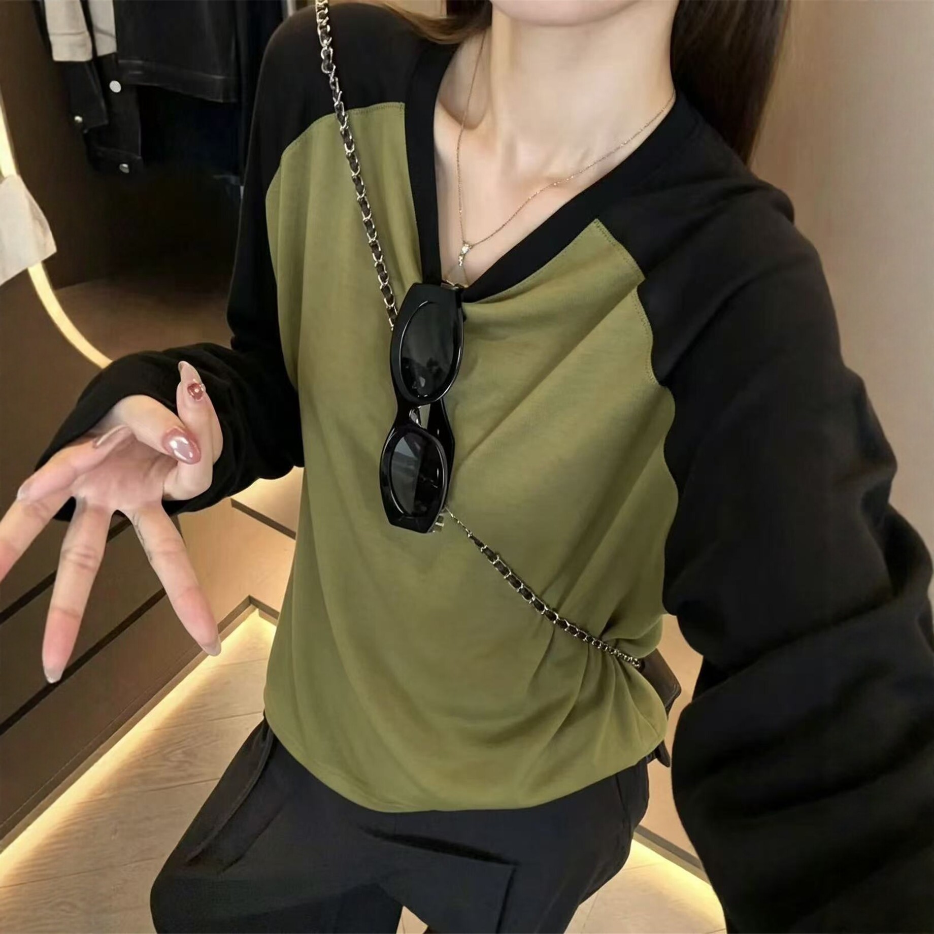 简约拼色早秋撞色插肩袖长袖T恤女宽松休闲上衣韩系穿搭体恤衫女t