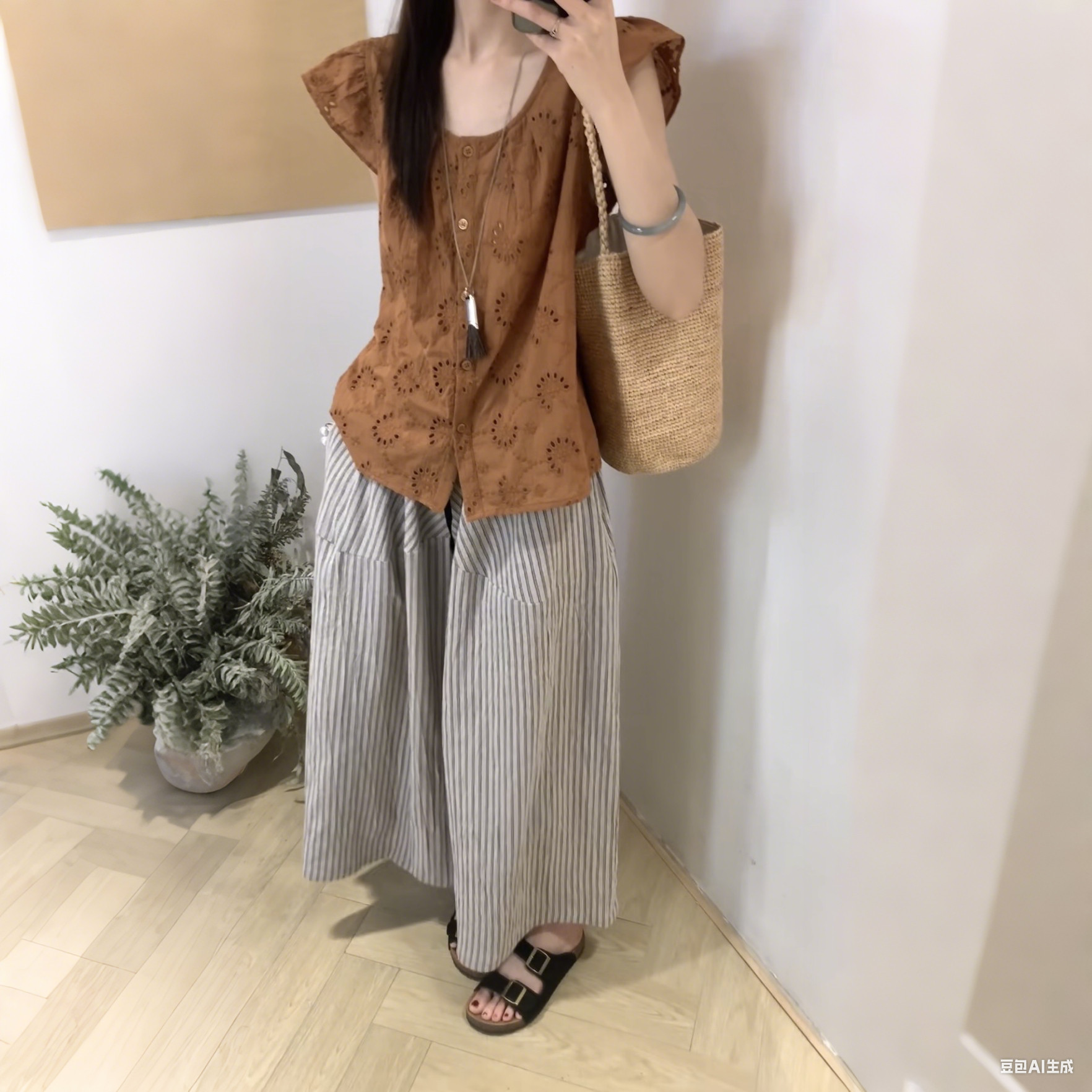 两件套套装女低圆领单排扣钩花衬衫T+条纹休闲裤气质减龄女人味夏