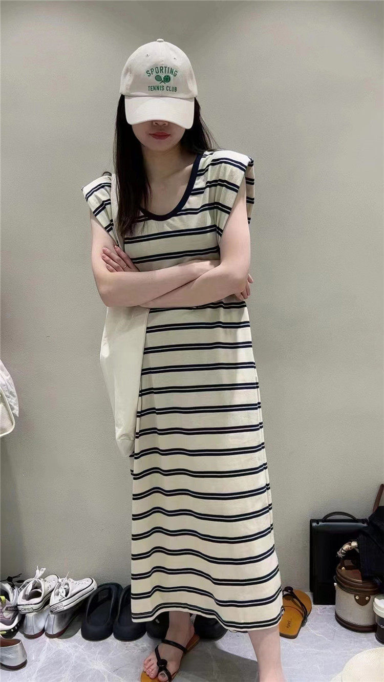 条纹连衣裙T恤女夏低圆领宽松