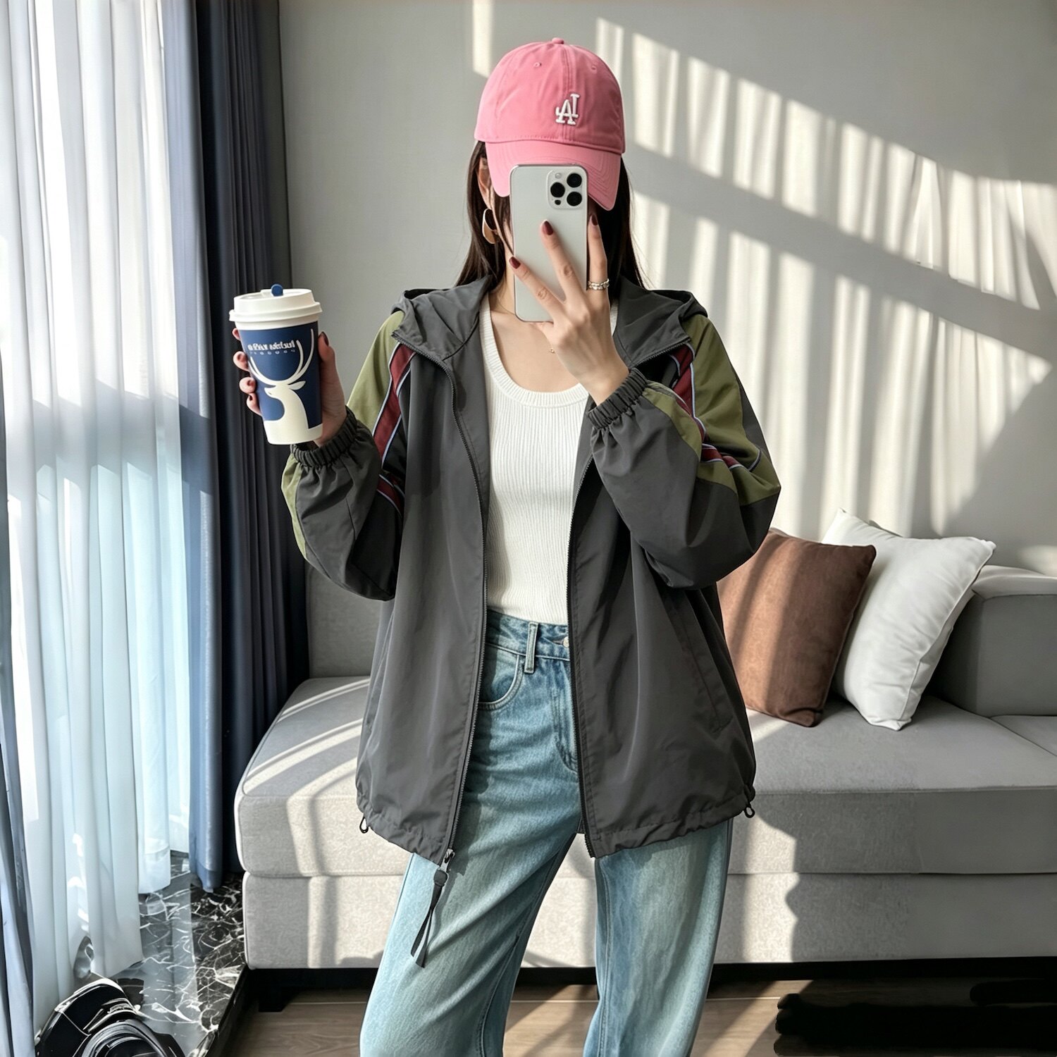 长袖外套女连帽拼色减龄显瘦宽松休闲大版帽衫小众百搭夹克开衫韩