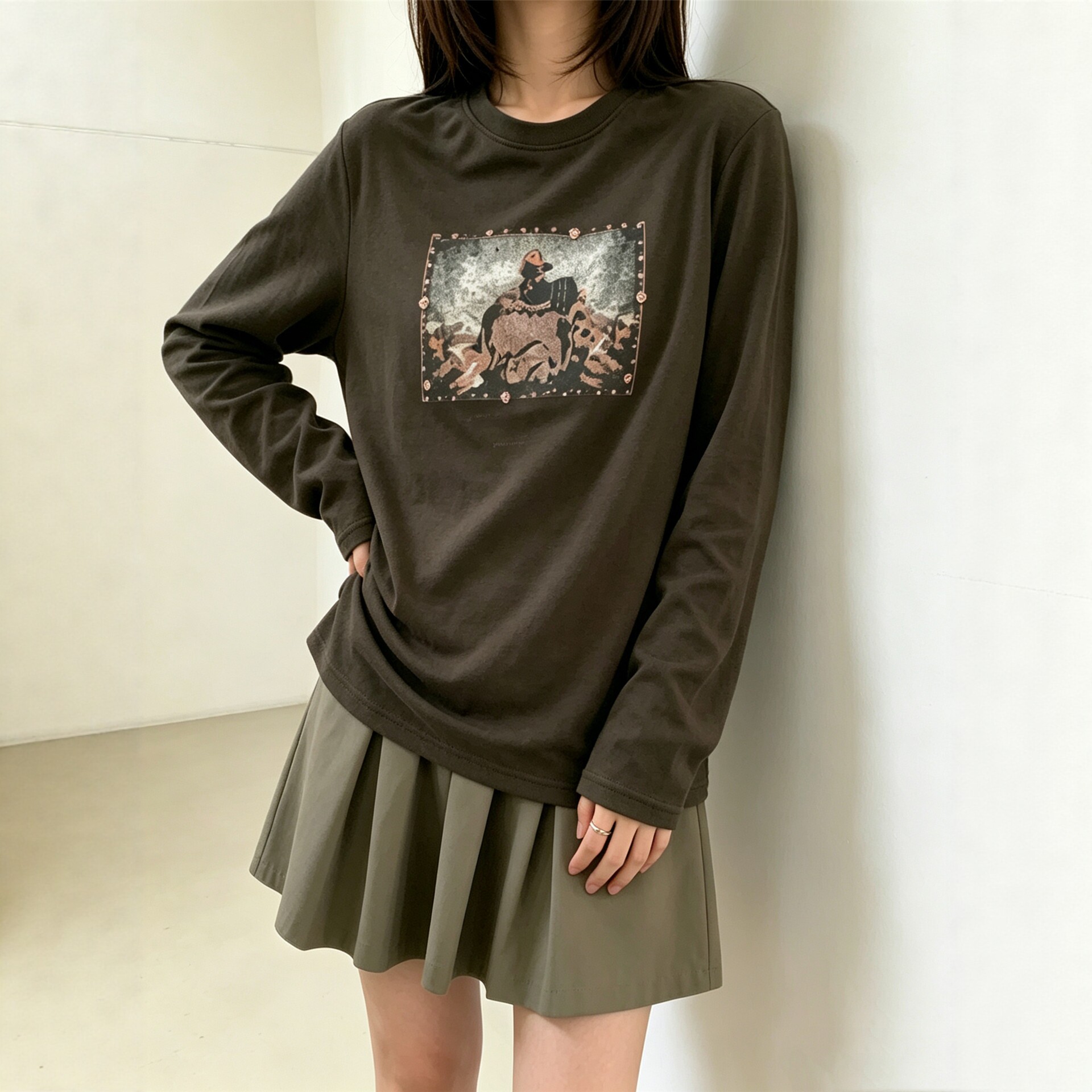 韩版宽松卡通图案长袖T恤女百搭显瘦潮打底衫内搭女潮t欧美风印花