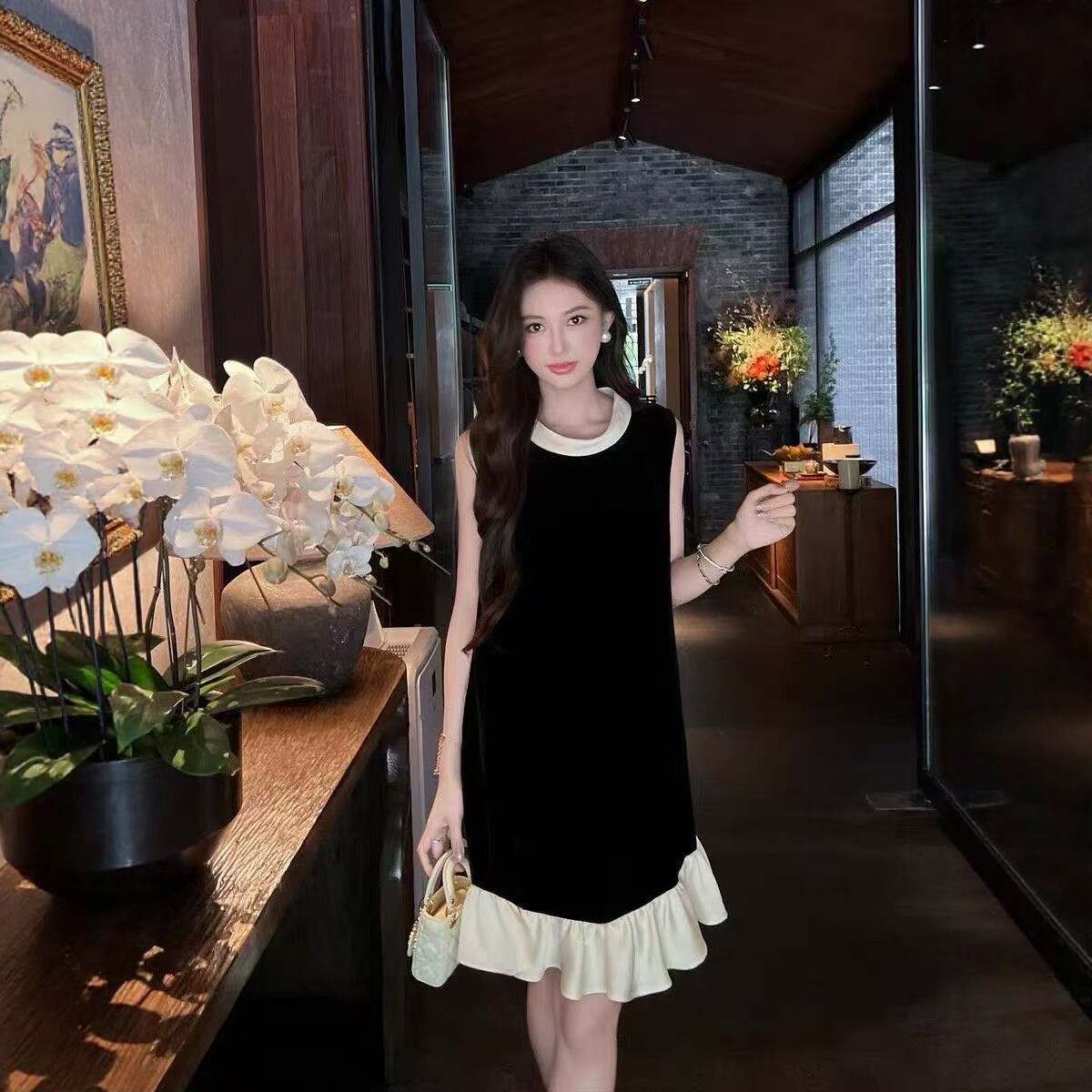 Linxi·Juanjuan正品无袖连衣裙拼色设计感荷叶边下摆T气质女人味