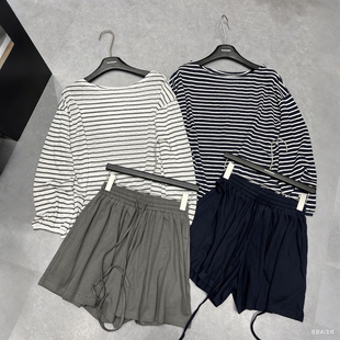 休闲运动减龄套装 BSMD正品 短裤 薄T恤一字肩条纹防晒衣 两件套长袖