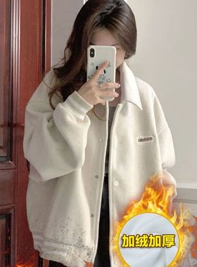纯棉慵懒风宽松学生早秋外套女美式卫衣加绒棒球衫夹克春秋款外衣