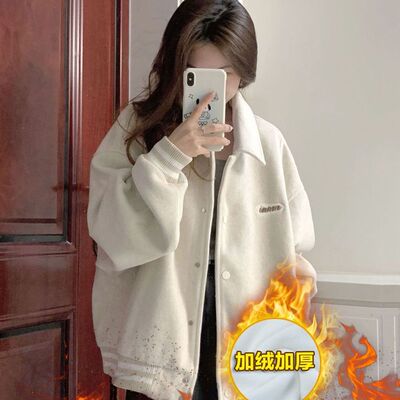 纯棉慵懒风宽松学生早秋外套女美式卫衣加绒棒球衫夹克春秋款外衣