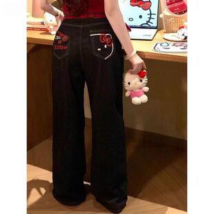 美式辣妹kt猫咪刺绣黑色阔腿牛仔裤女秋冬加绒高腰直筒设计感裤子