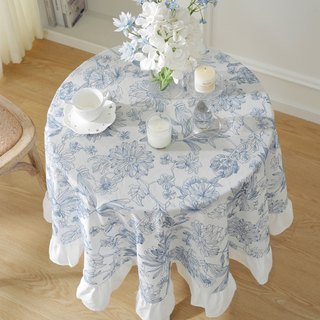法式全棉蓝色绣花防水防油裙摆荷叶木耳边茶几台布餐桌布