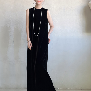 缓圆原创25春季 长裙神秘高贵优雅 高级轻奢小众真丝丝绒小圆领无袖