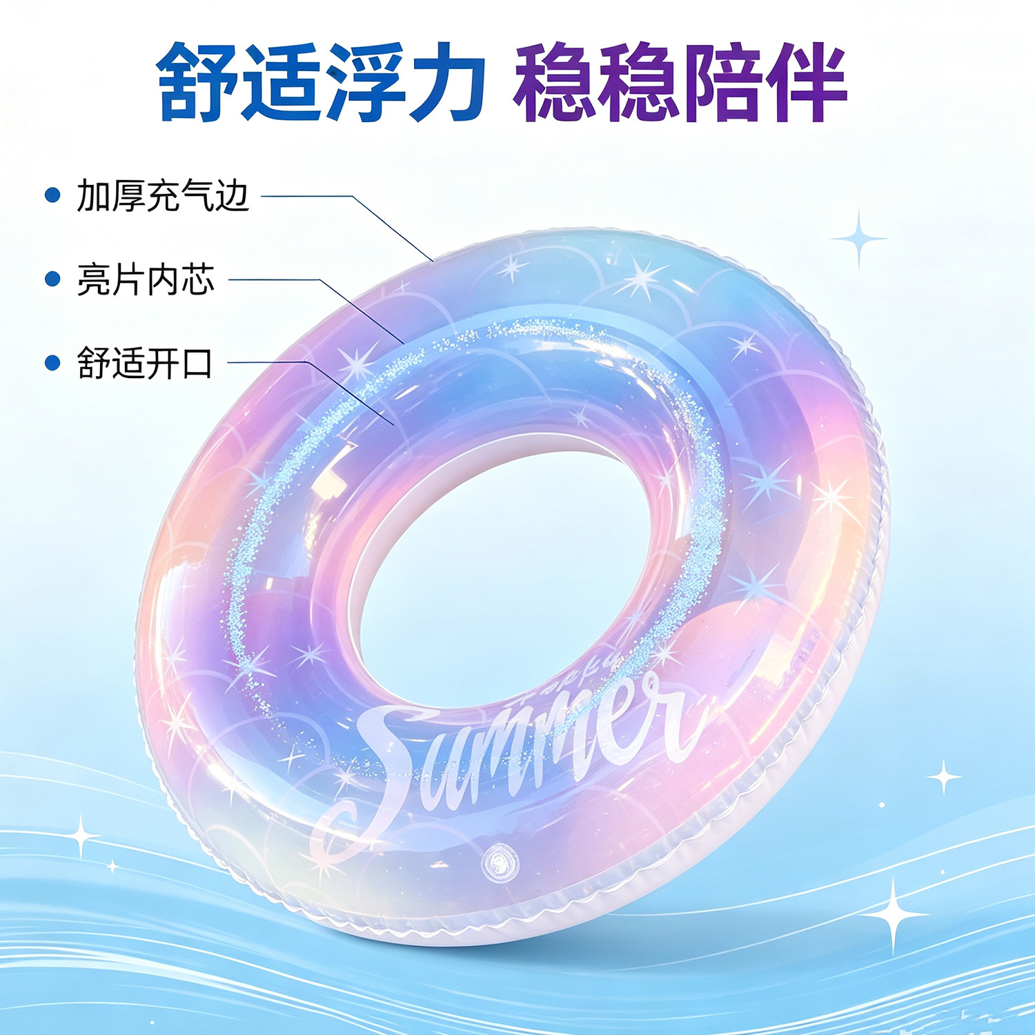 ins亮片渐变彩虹游泳圈成人儿童加厚防侧翻女充气救生圈腋下圈