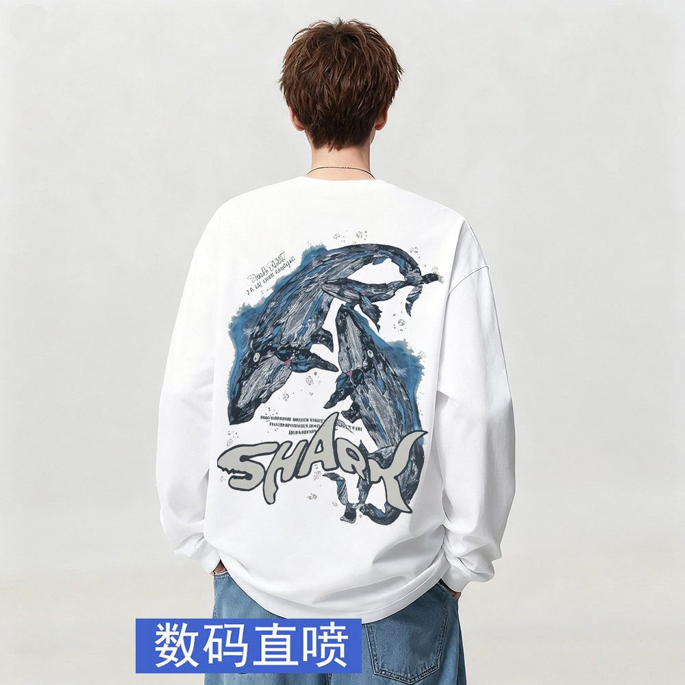 美式轻奢潮流新款鲨鱼印花数码直喷纯棉长袖T恤男女宽松上衣春秋