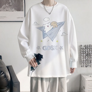青少年韩版卡通印花长袖T恤男女款宽松纯棉情侣上衣打底衫春秋冬