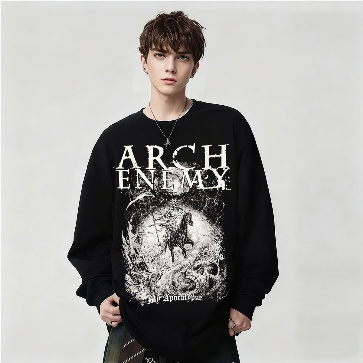 Arch Enemy大敌乐队周边骷髅印花长袖T恤男宽松纯棉上衣打底秋冬