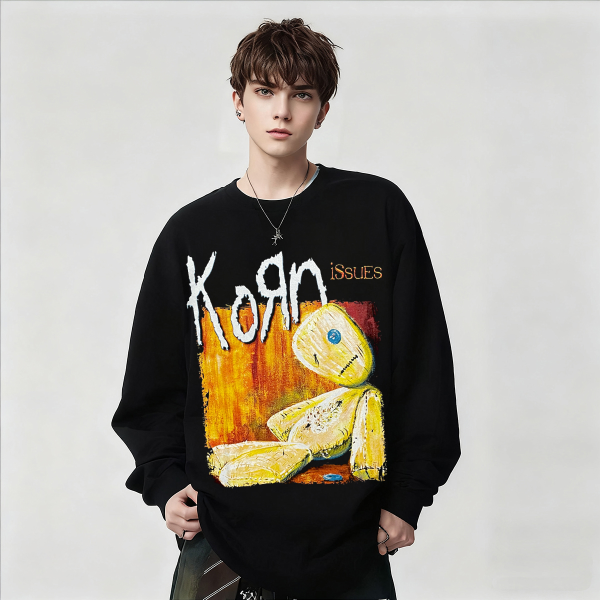 Korn乐队朋克风个性印花长袖T恤男女款黑色宽松摇滚纯棉上衣春秋