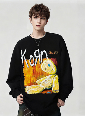 Korn乐队朋克风个性印花长袖T恤男女款黑色宽松摇滚纯棉上衣春秋
