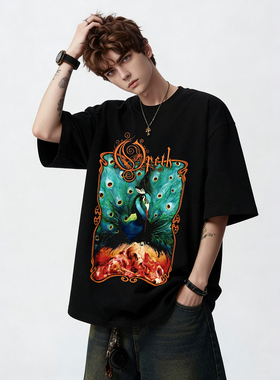 Opeth乐队月亮之城周边专辑表演金属印花宽松纯棉短袖T恤男女款夏