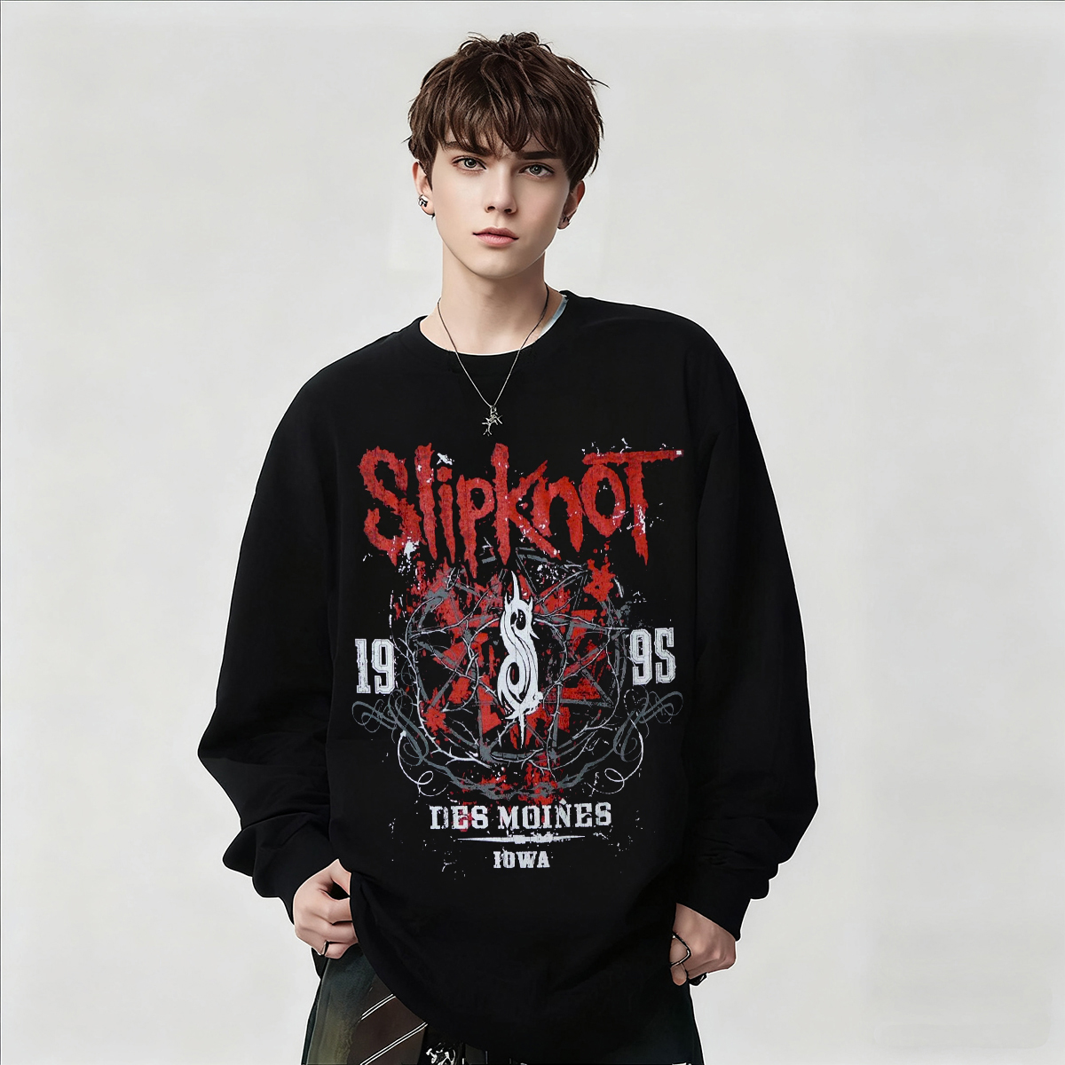 长袖T恤男黑色复古印花上衣春秋