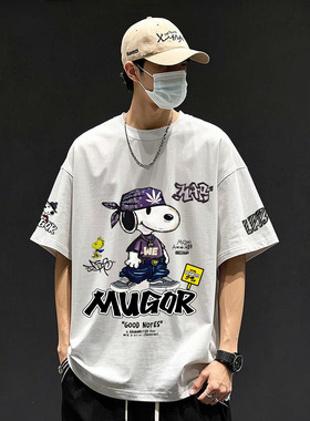 2025新款美式卡通史努比涂鸦数码白墨直喷印花纯棉短袖T恤男生夏
