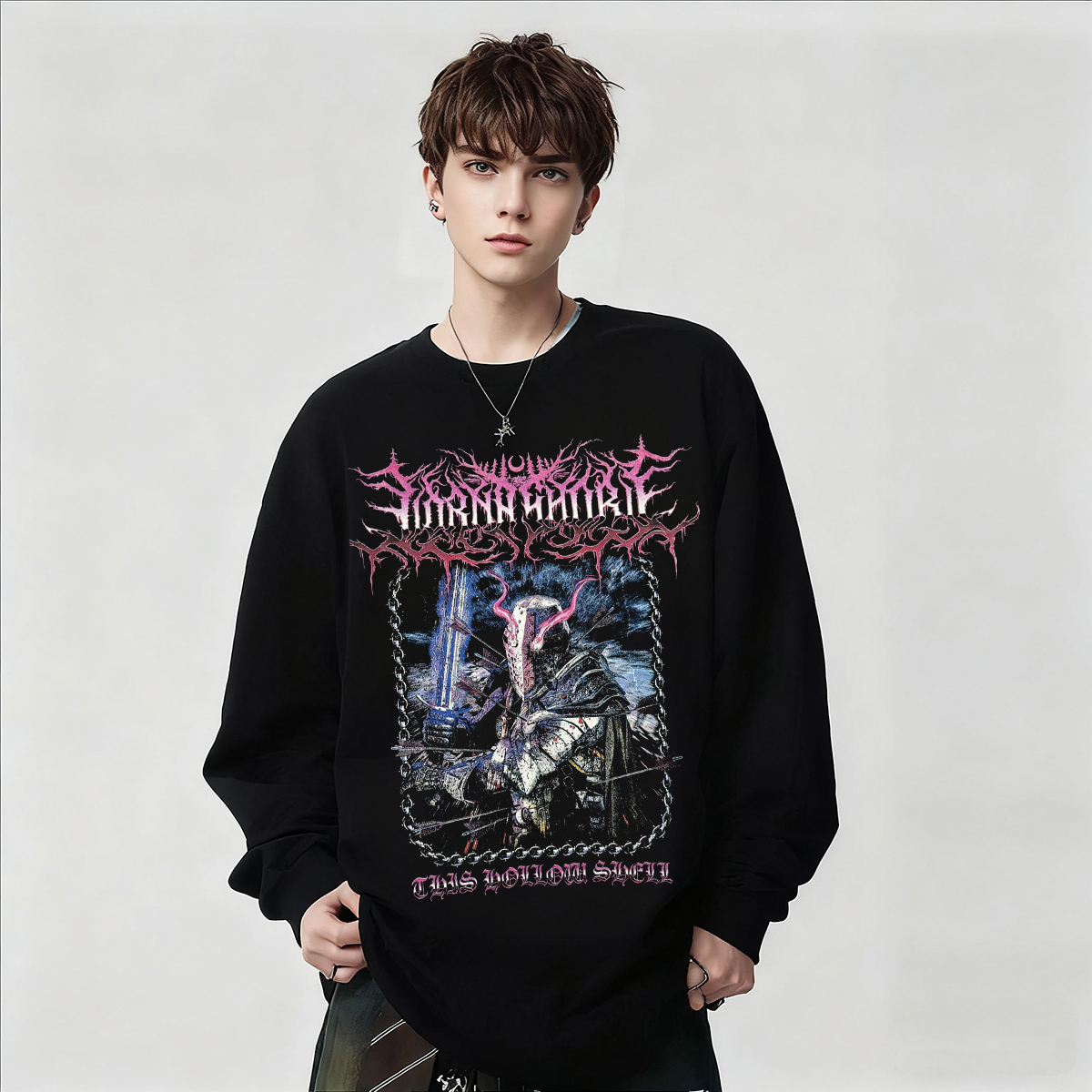 摇滚乐队黑色长袖印花T恤男上衣