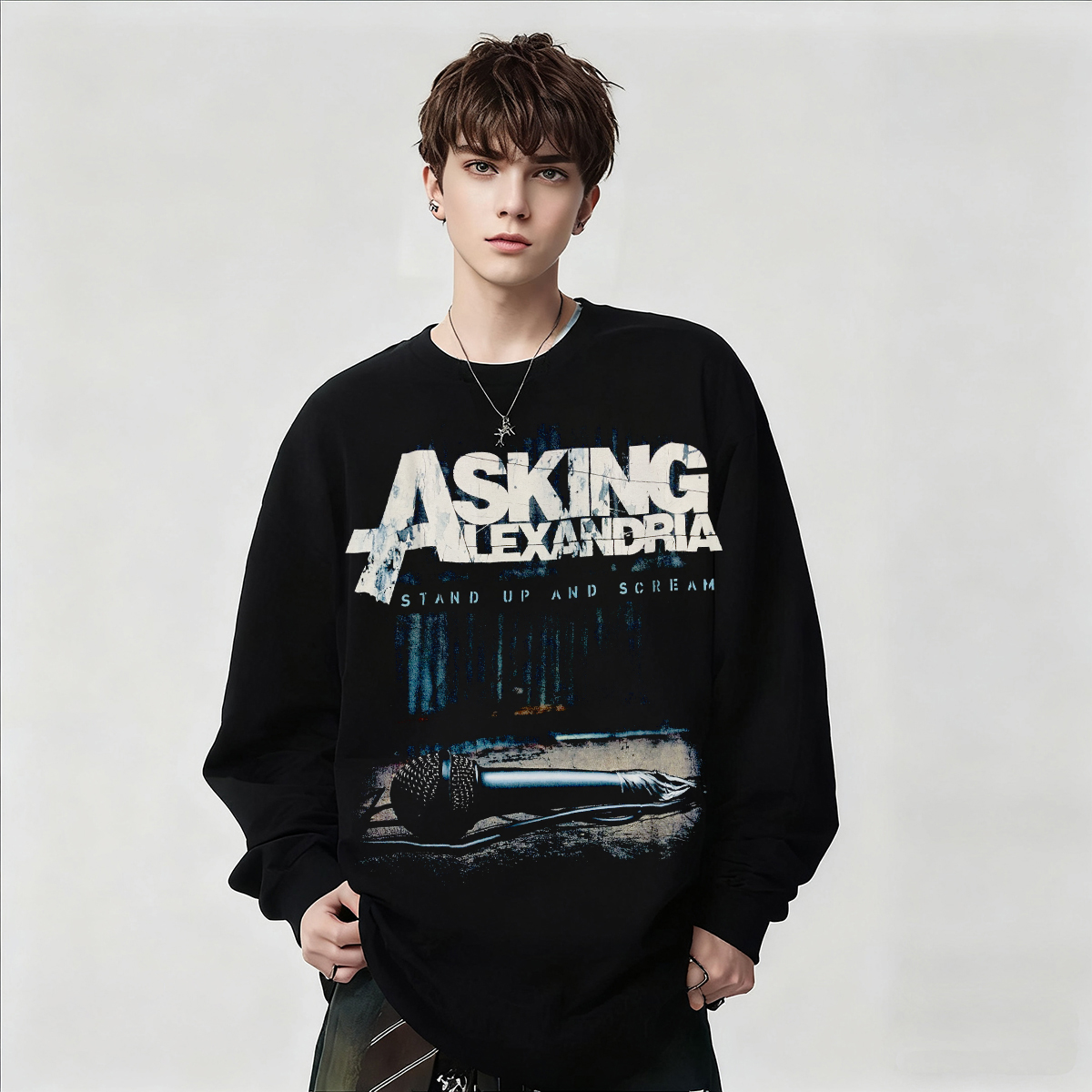 Asking Alexandria乐队个性复古风印花长袖T恤男宽松黑色上衣春秋