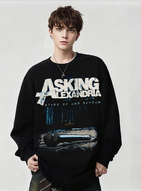 Asking Alexandria乐队个性复古风印花长袖T恤男宽松黑色上衣春秋
