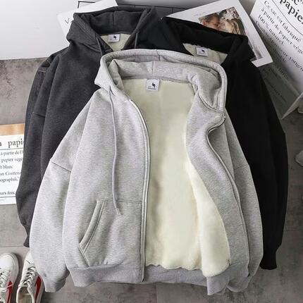 加绒加厚卫衣男女连帽拉链保暖上衣学生情侣宽松秋冬开衫外套