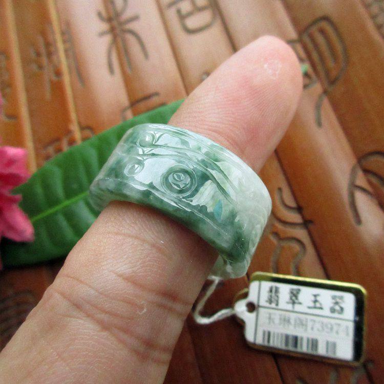 保真雕花款飘绿玉扳指玉戒指20mm实物拍图73974缅甸天然a货翡翠玉
