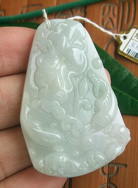 99751玉琳阁翡翠 实物拍缅甸天然翡翠A货荷叶有鱼大吊坠 连年有余