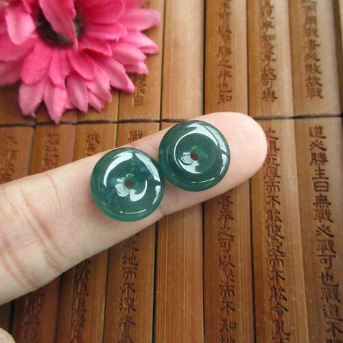 保真冰水款13-15小平安扣玉扣一对蓝水危料天然A货翡翠21458N33