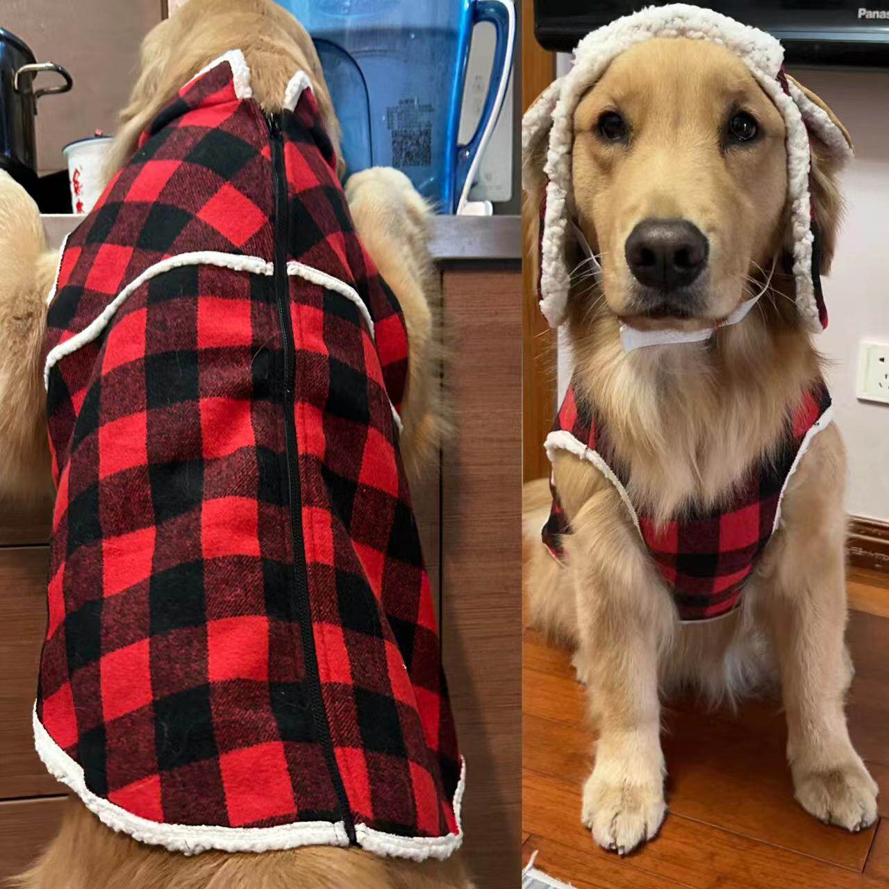 雷锋帽可配红格外套背开好穿脱无袖款老年犬保暖冬装棉服宠物衣服