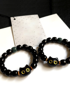 黑檀木猫头手串 可以猫猫手链乌木黑猫头饰品 情侣配饰