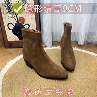 不累脚增高8-10厘米粗跟短靴秋冬新款瘦瘦鞋子尖头侧拉链时装靴子